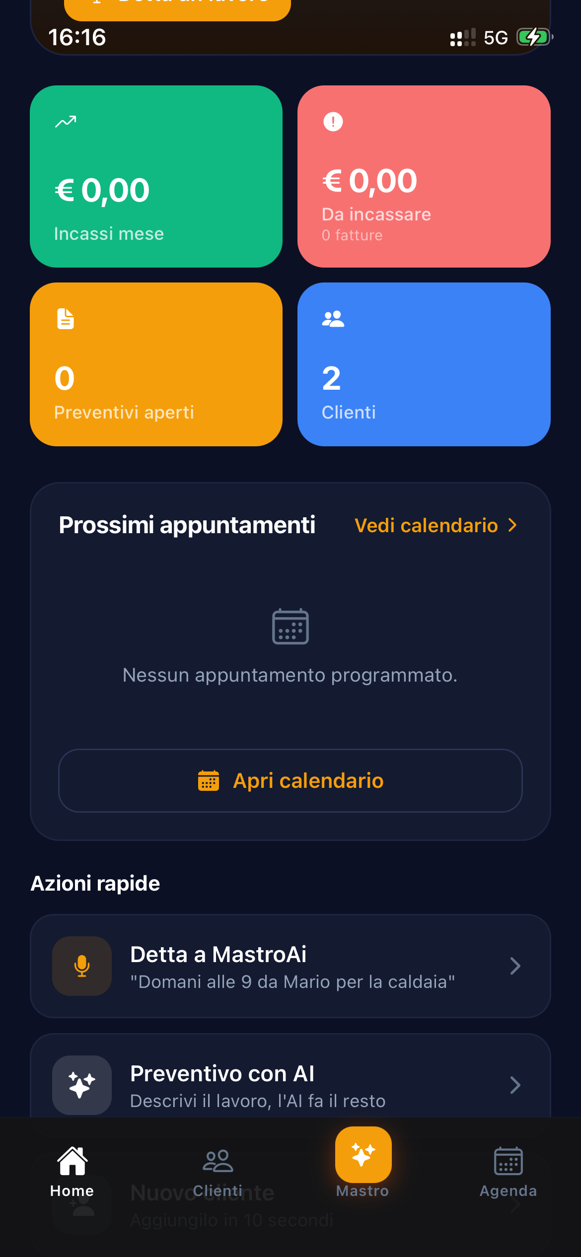 Schermata iniziale dell’app MastroAI